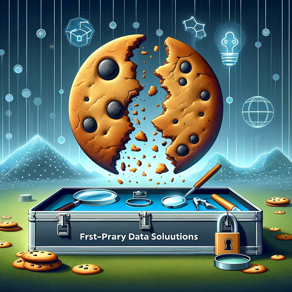 Digital landscape illustration showing a large, crumbling cookie symbolizing outdated third-party data practices, with a prominent toolbox labeled 'First-Party Data Solutions', containing tools for data security and analysis, set against a backdrop of a networked data flow.