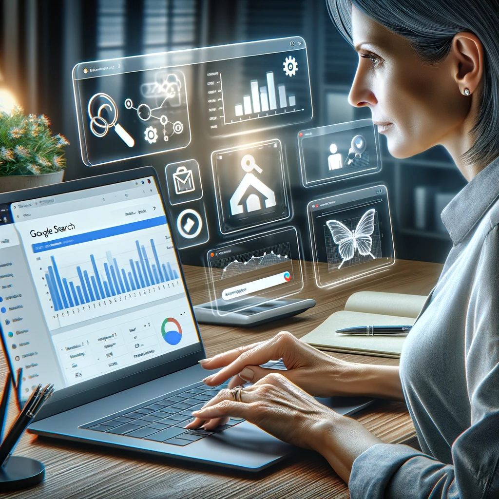 A digital marketing professional analyzing website performance data on Google Search Console displayed on a laptop screen, with futuristic holographic SEO icons floating above the workspace.