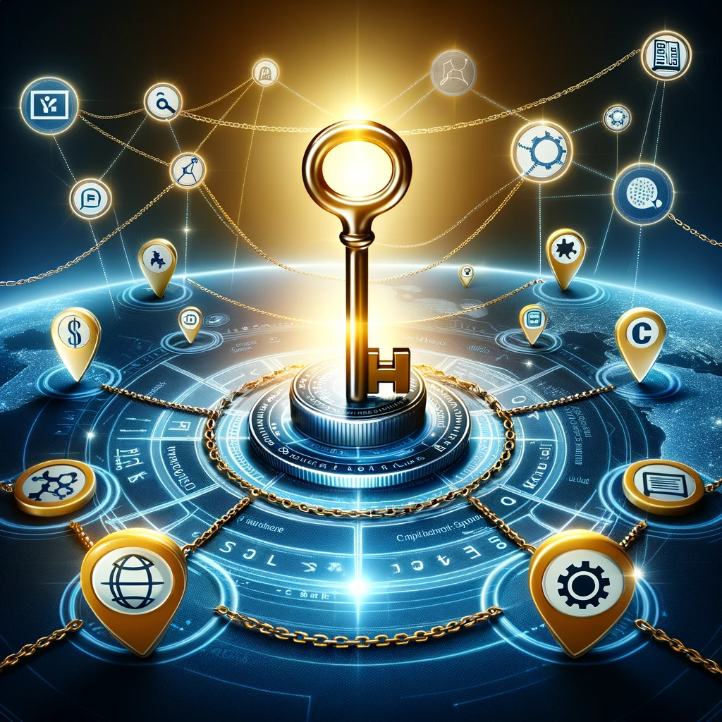 Illustration Demonstrating the Power of Backlinks, Featuring a Golden Key, Link Chains, and Citation Maps on a Blue Gradient Background.