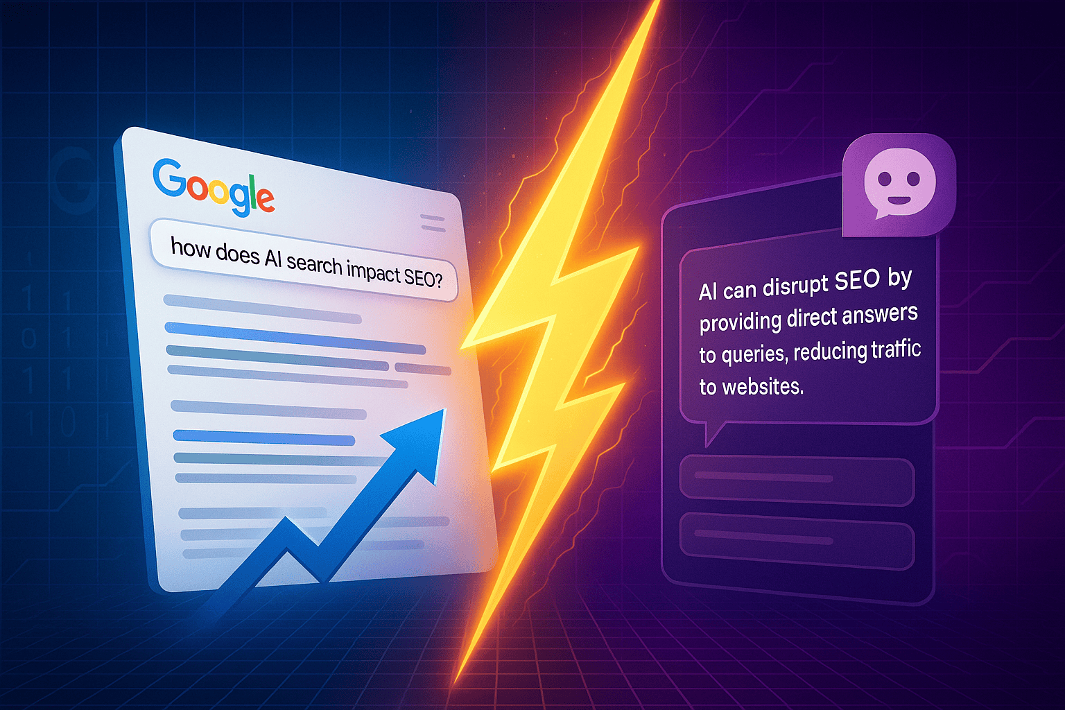Illustration of Google search snippet and AI chatbot answer split by lightning, symbolising AI search disrupting traditional SEO