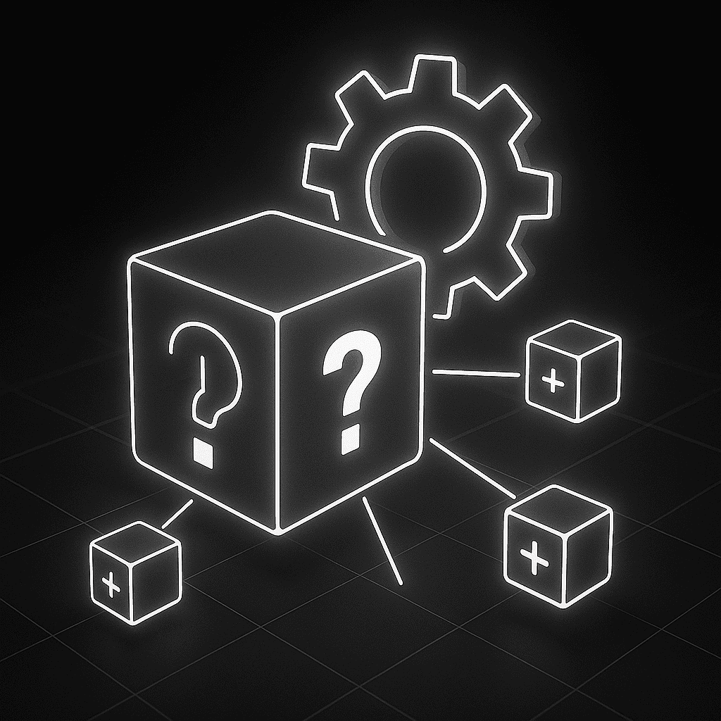 Glowing gear and question-node network icon in monochrome (AI SEO FAQs hero)