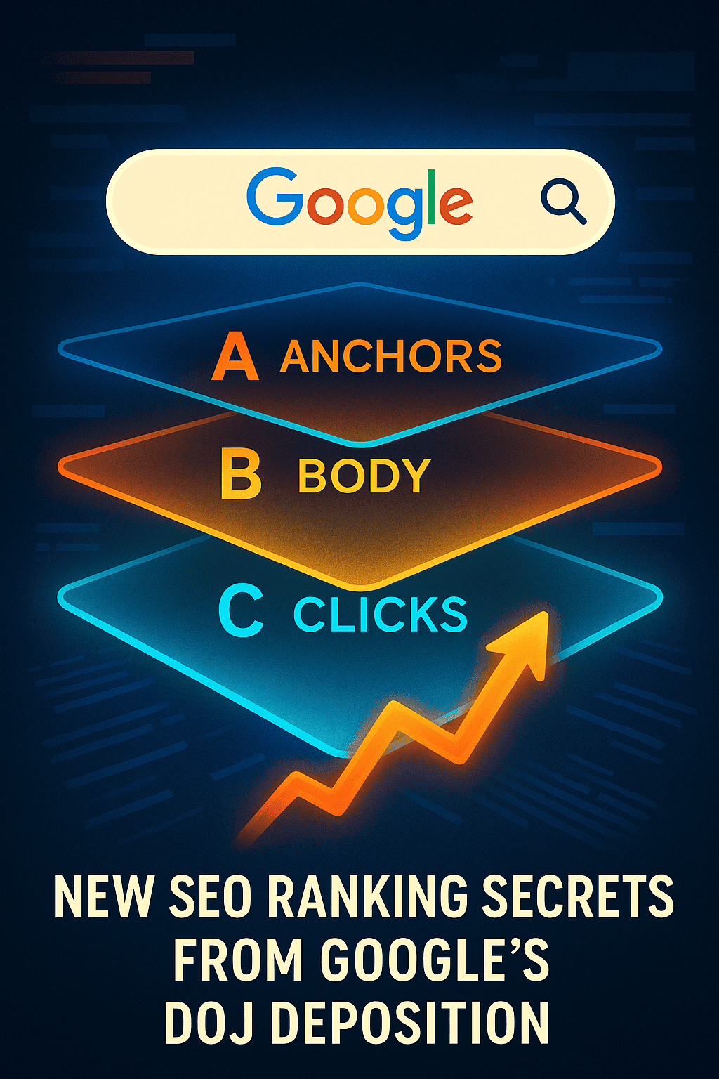 Layered graphic showing Google search bar above three neon panels labeled Anchors, Body, Clicks; arrow signifies improved SEO ranking secrets from Google.