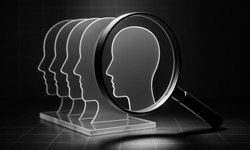 AI-Enhanced Buyer Persona Blueprint Banner Magnifying glass highlighting layered buyer profiles in B&W banner