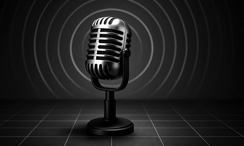 Brand Voice Optimiser – AI Search-Ready Tone Guide Vintage microphone on grid background symbolising brand voice clarity