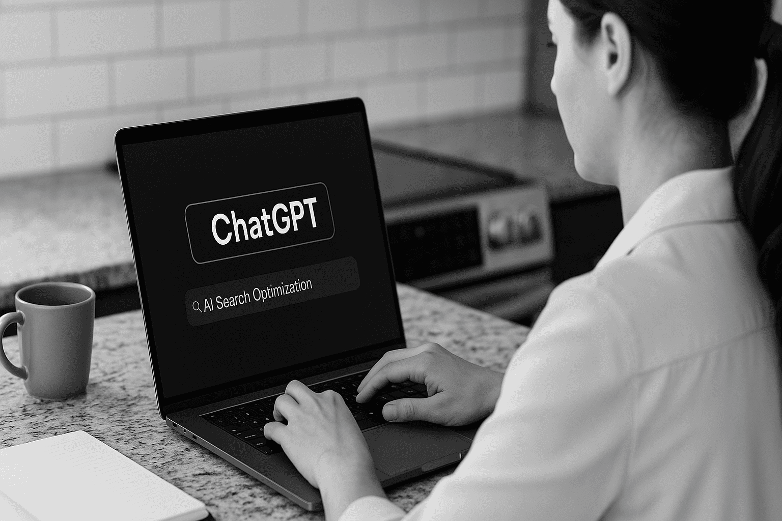 chatgpt-ai-search-optimization-laptop Marketer typing “AI Search Optimization” into ChatGPT on a laptop screen