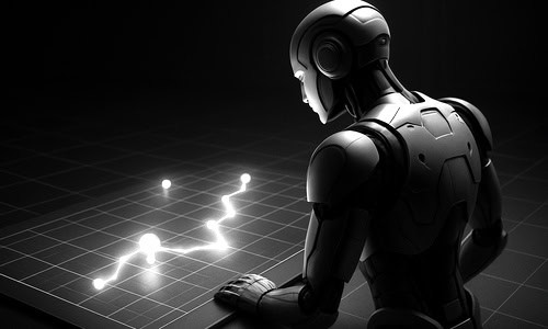 AI SEO Roadmap – Month-by-Month DIY Action Plan Banner Monochrome robot tracing a glowing milestone path on a digital grid, symbolising an AI SEO roadmap<br />