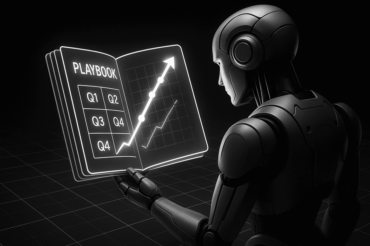 AI Search Growth Strategy Playbook Hero (Premium Add-On) Robot reviewing quarterly AI search growth playbook with upward trend graph in monochrome