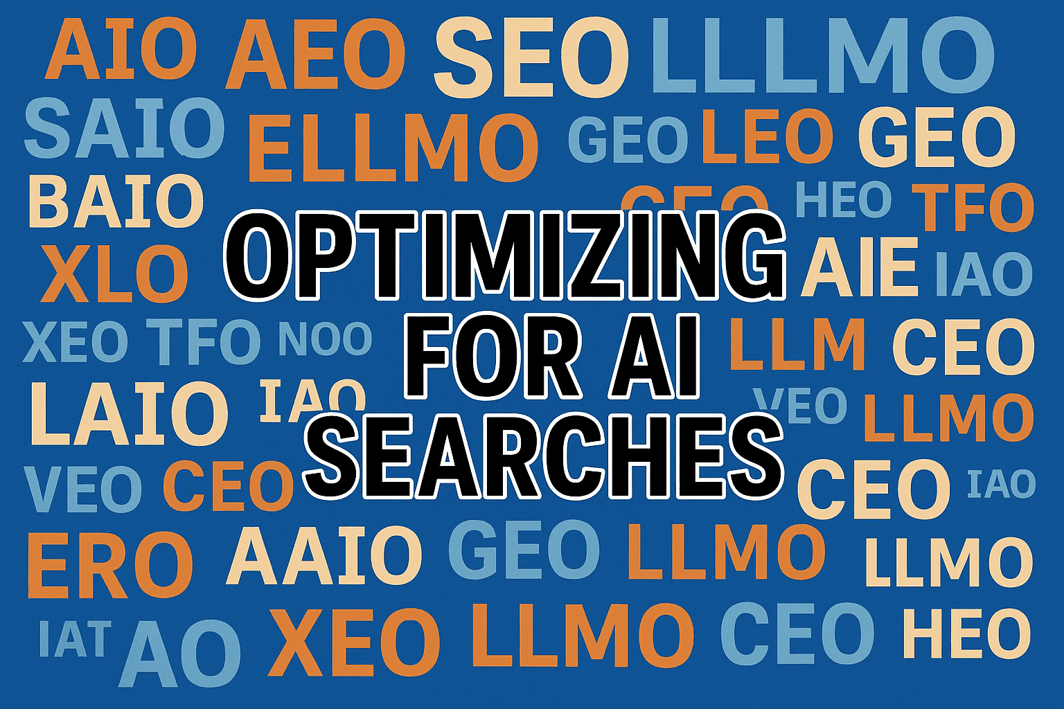Optimizing for AI-driven search with various SEO acronyms on a blue background