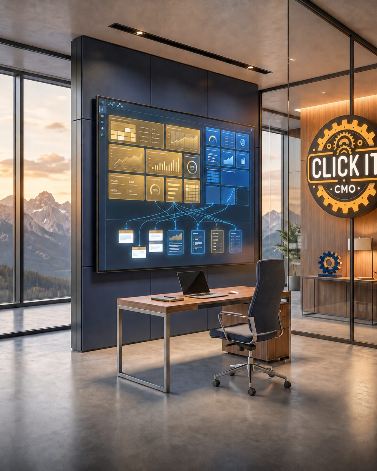Shaun Wilson in the ClickIt CMO office beside the illuminated ClickIt CMO logo