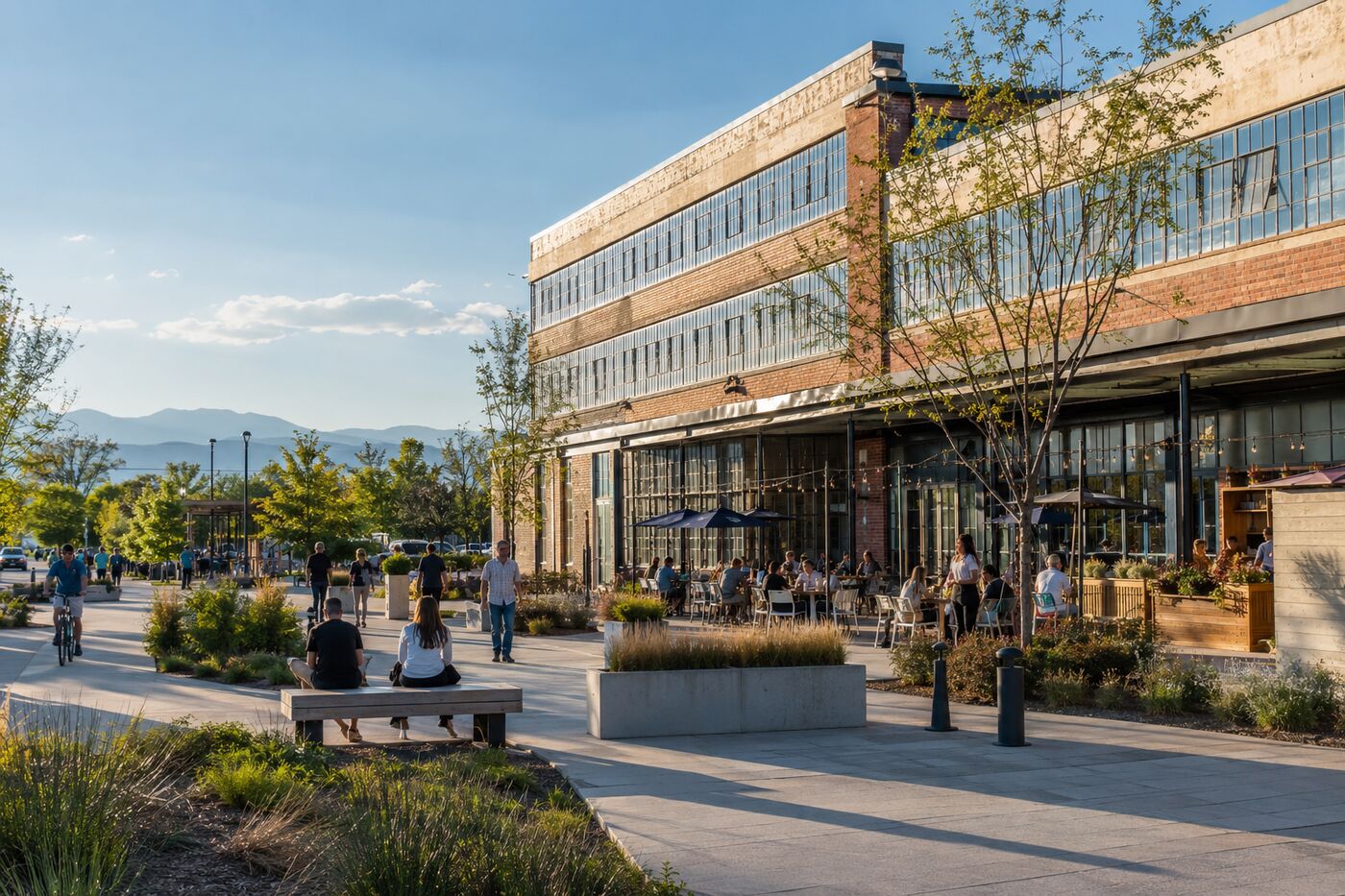 People visiting local businesses in an Aurora, Colorado marketplace district