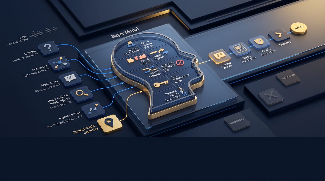Buyer persona model connecting customer questions, search behavior, objections, trust signals, and next-step actions