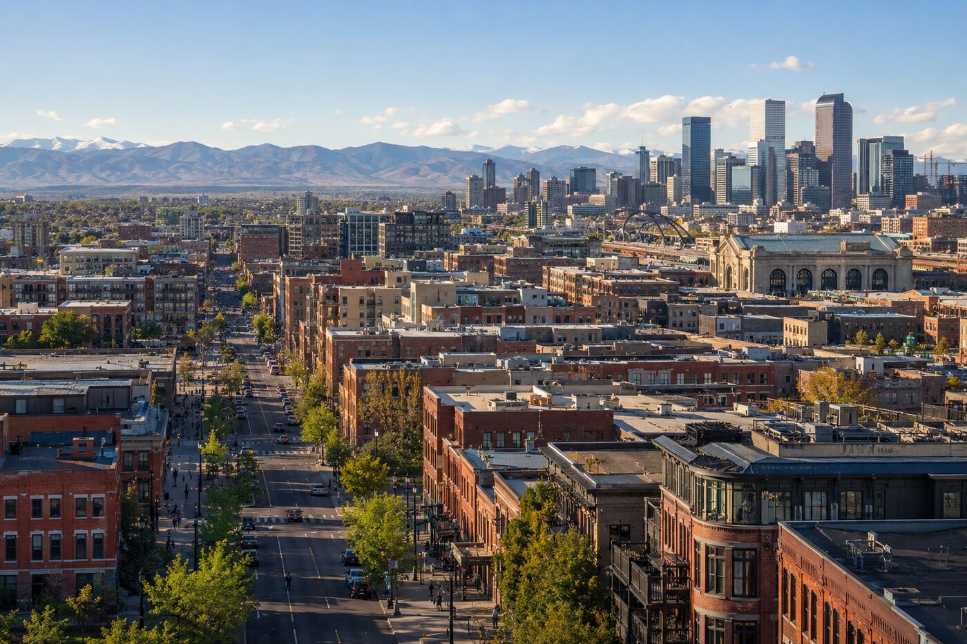 Denver skyline, LoDo and Union Station with the Rocky Mountains beyond Denver skyline, LoDo and Union Station with the Rocky Mountains beyond