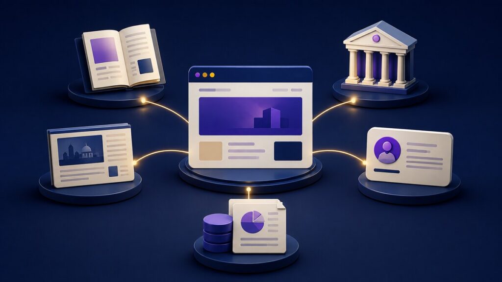 Illustration of a business connected to trusted publishers and industry sources through earned backlinks