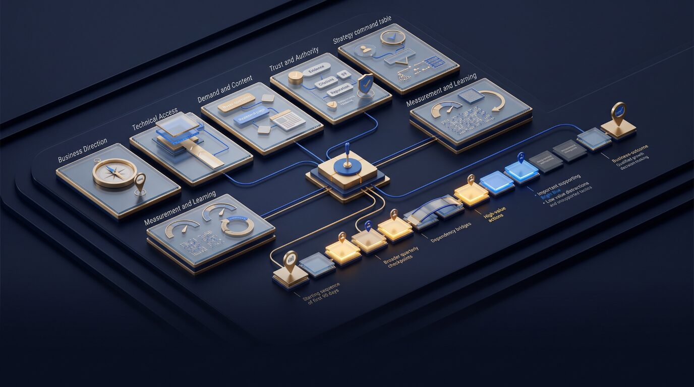 SEO and AI search strategy connecting business direction, technical access, content, trust, measurement, and priority actions