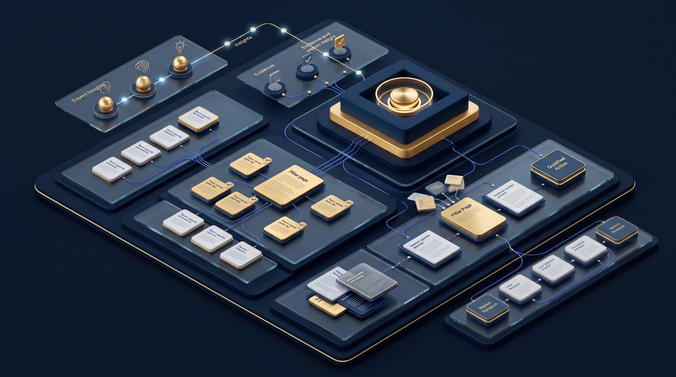 SEO content strategy connecting expert insight, pillar pages, supporting content, and qualified action