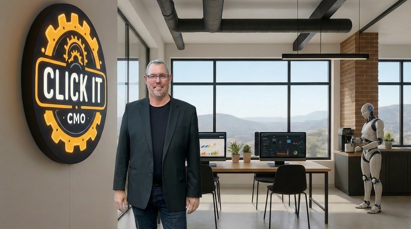 Home 1 Shaun Wilson in the ClickIt CMO office beside the illuminated ClickIt CMO logo
