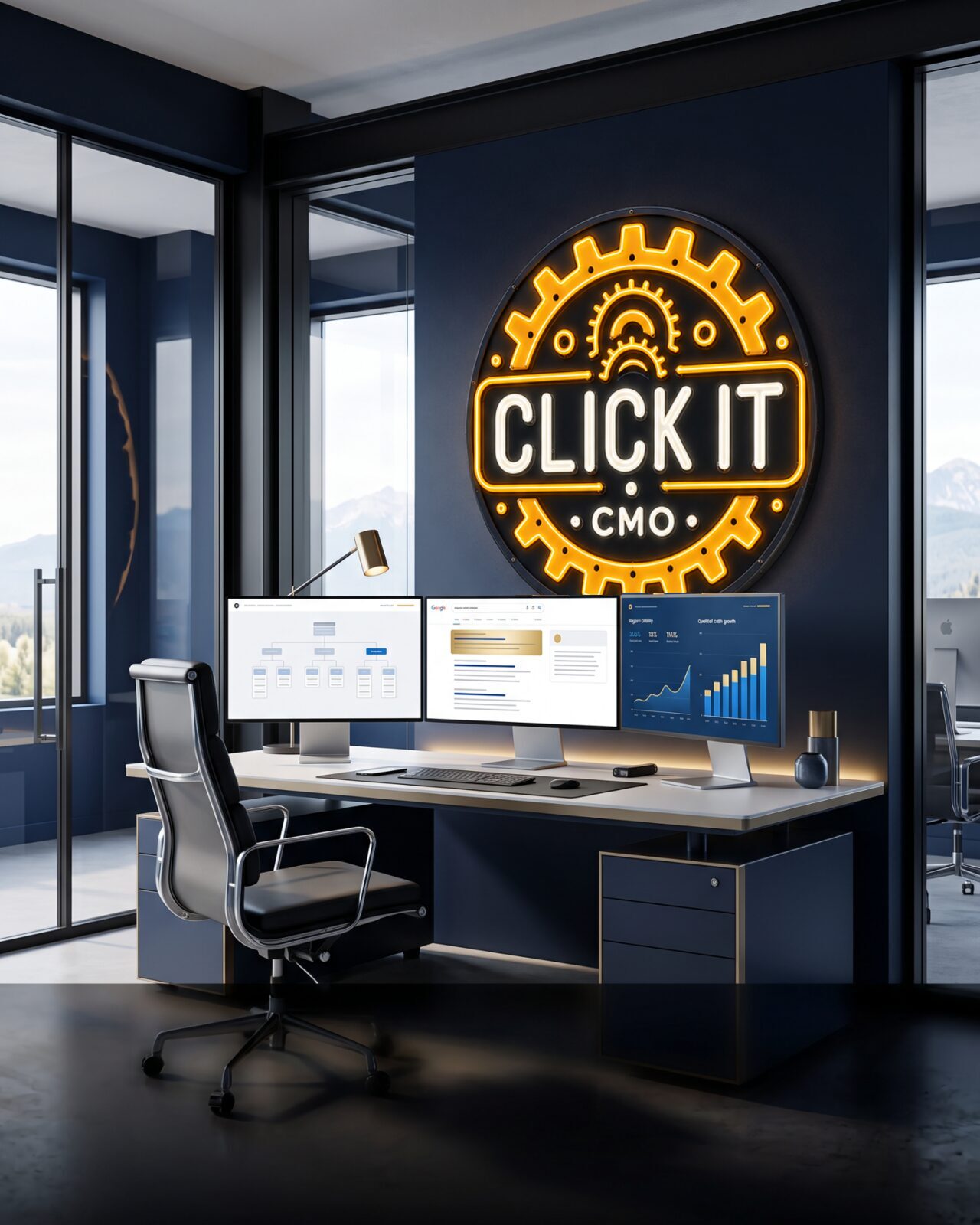 Shaun Wilson in the ClickIt CMO office beside the ClickIt CMO logo
