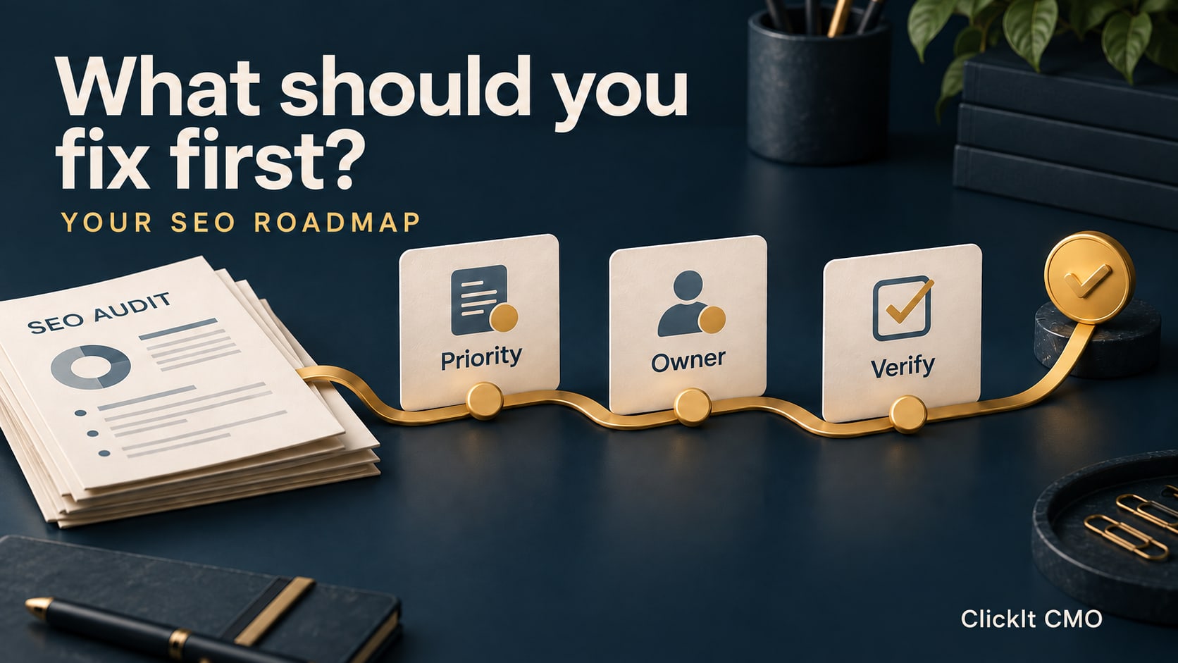 SEO audit reports connected by a gold path to cards labeled Priority, Owner, and Verify.
