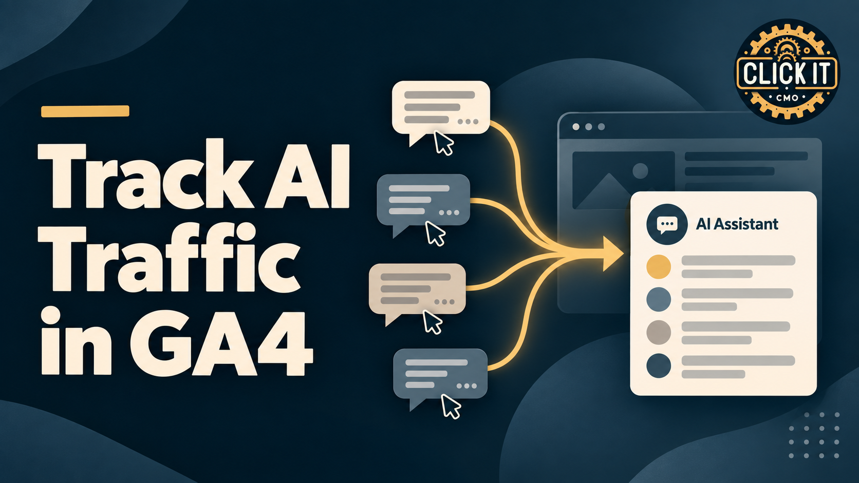 Track AI traffic in GA4: illustrated conversation referrals flow into an AI Assistant report.